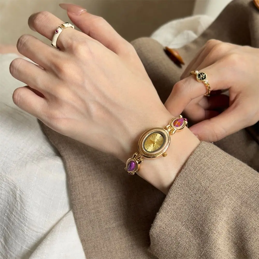 Reloj de Cuarzo Elegante para Mujer, Reloj de Pulsera Ovalado de Lujo, Reloj de Pulsera Vintage con Piedras Preciosas de Colores
