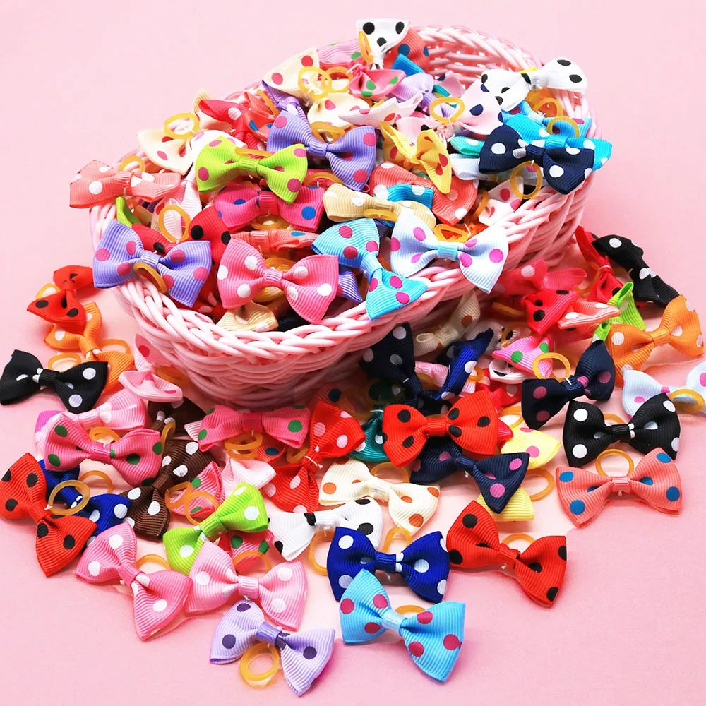 100 Uds nuevos lazos para perros con bandas de goma estilo de lunares sólidos lazos para cachorros hechos a mano suministros para el cabello accesorios de aseo para mascotas para perros