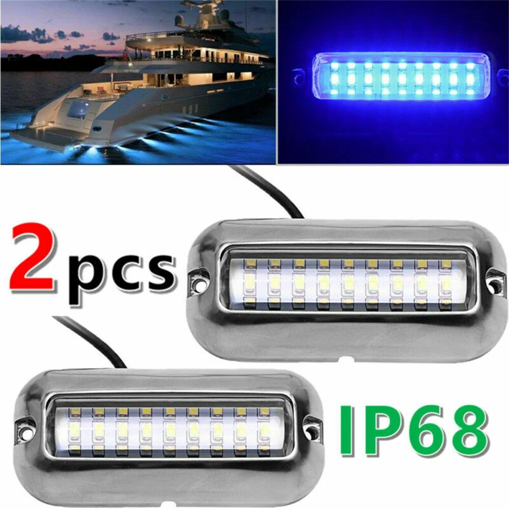 2 uds 27LED azul/blanco/rojo luces impermeables de acero inoxidable pontón subacuático para popa de barco marino y lámpara de vela de luz azul 50W