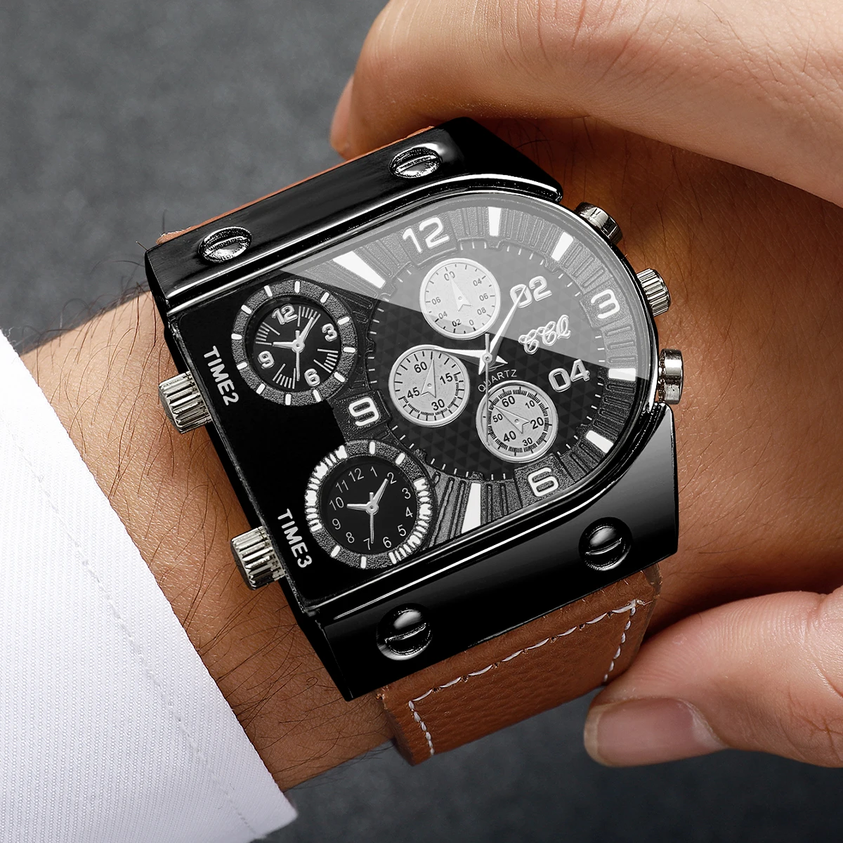 Reloj de cuarzo decorativo de lujo con esfera de cinco ojos para hombre, correa de cuero cuadrada a la moda, relojes deportivos para hombre, Reloj Hombre (sin caja)