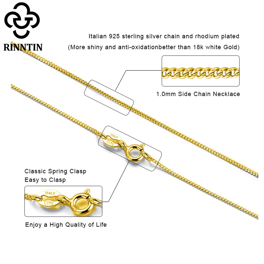 Rinntin sólida plata 925 1,0mm collar de cadena lateral para mujeres niñas collar elegante joyería fina 40/45/50/55/60cm SC18