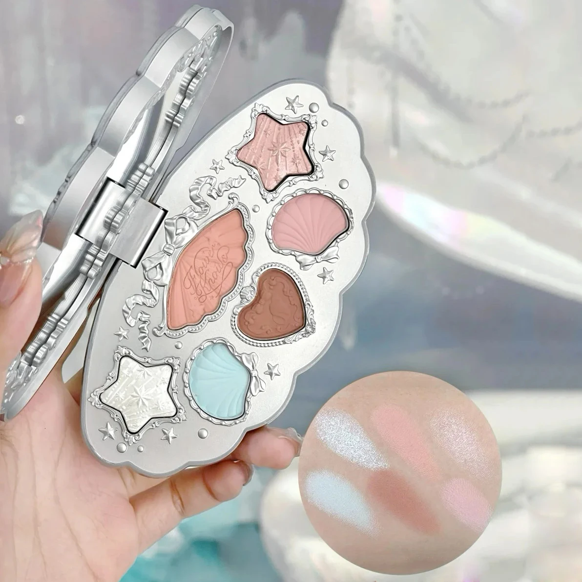 Paleta de sombras de ojos Flower Knows Shells Jewel, 6 colores mate y brillante, paleta de maquillaje de larga duración altamente pigmentada, tema del océano