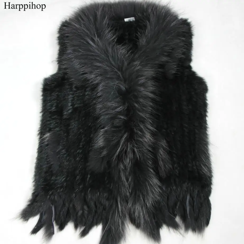 Chaleco de piel de conejo natural para mujer Harppihop con cuello de piel de mapache, chaleco/chaqueta de piel de conejo rex tejida para invierno.