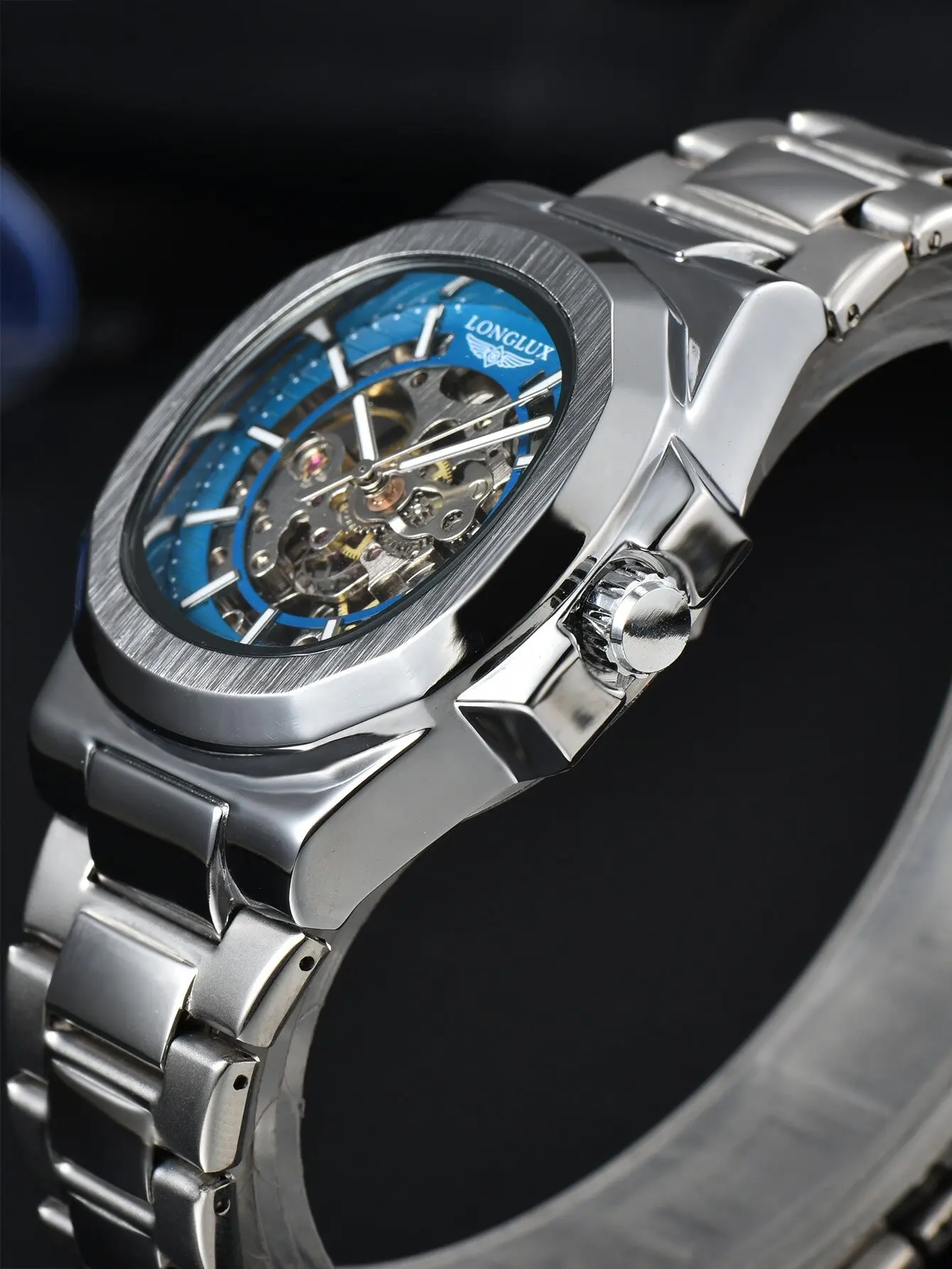 Reloj Mecánico Automático LONGLUX para Hombre, Relojes de Lujo a Prueba de Agua, Esqueleto, Económico, al por Mayor, de Acero Inoxidable, para Regalo