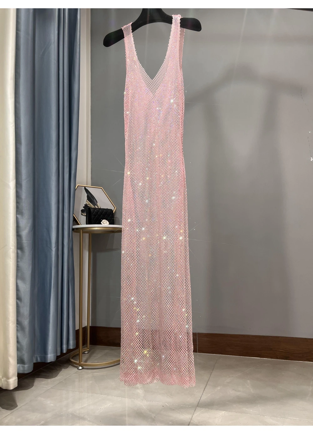 Vestido de fiesta con diamantes de imitación para mujer, ropa Sexy de malla larga fina y brillante con cuello en V profundo, novedad de verano 2023