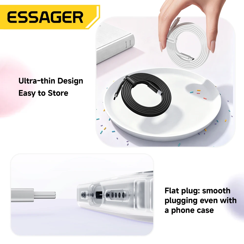 Cable Essager de 100W 5A Tipo C a Tipo C para iPhone 17, Macbook, Xiaomi, Huawei, Cable Plano Ultrafino USB C, Cable de Carga Rápida Tipo C