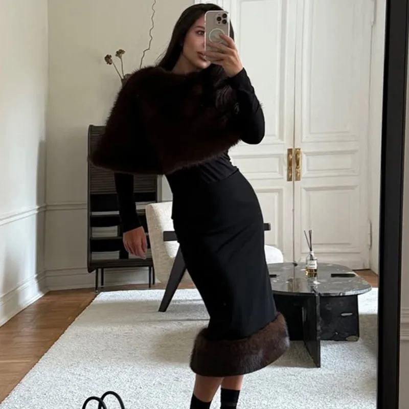 Tuularose-Conjunto de 2 piezas de falda de otoño para mujer, elegante chal de lana, faldas largas de retales a la moda, conjunto de vestido Vintage de lujo para mujer