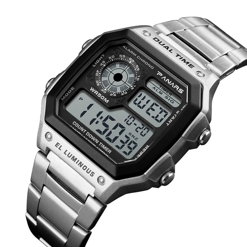 Reloj de pulsera deportivo militar para hombre, relojes de acero inoxidable 5BAR resistentes al agua, pantalla cuadrada Digital para hombre, reloj Masculino