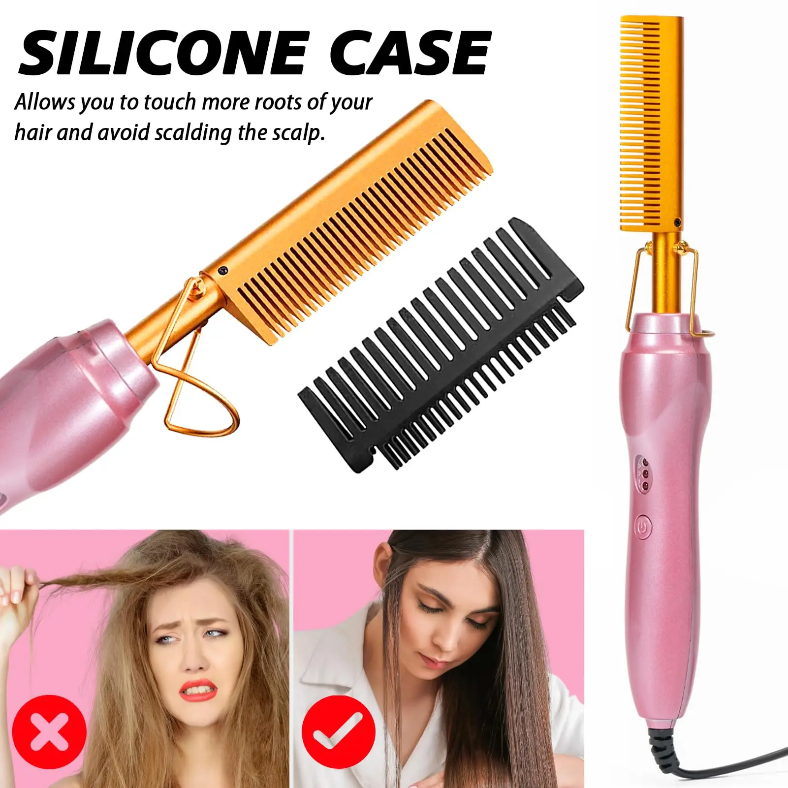 GOIPLE Set de Peine Eléctrico Calentado, 3 Ajustes de Calor, Peine de Prensado Dorado en Rosa Champán con Estilizado de Bordes y Accesorios para Pelucas
