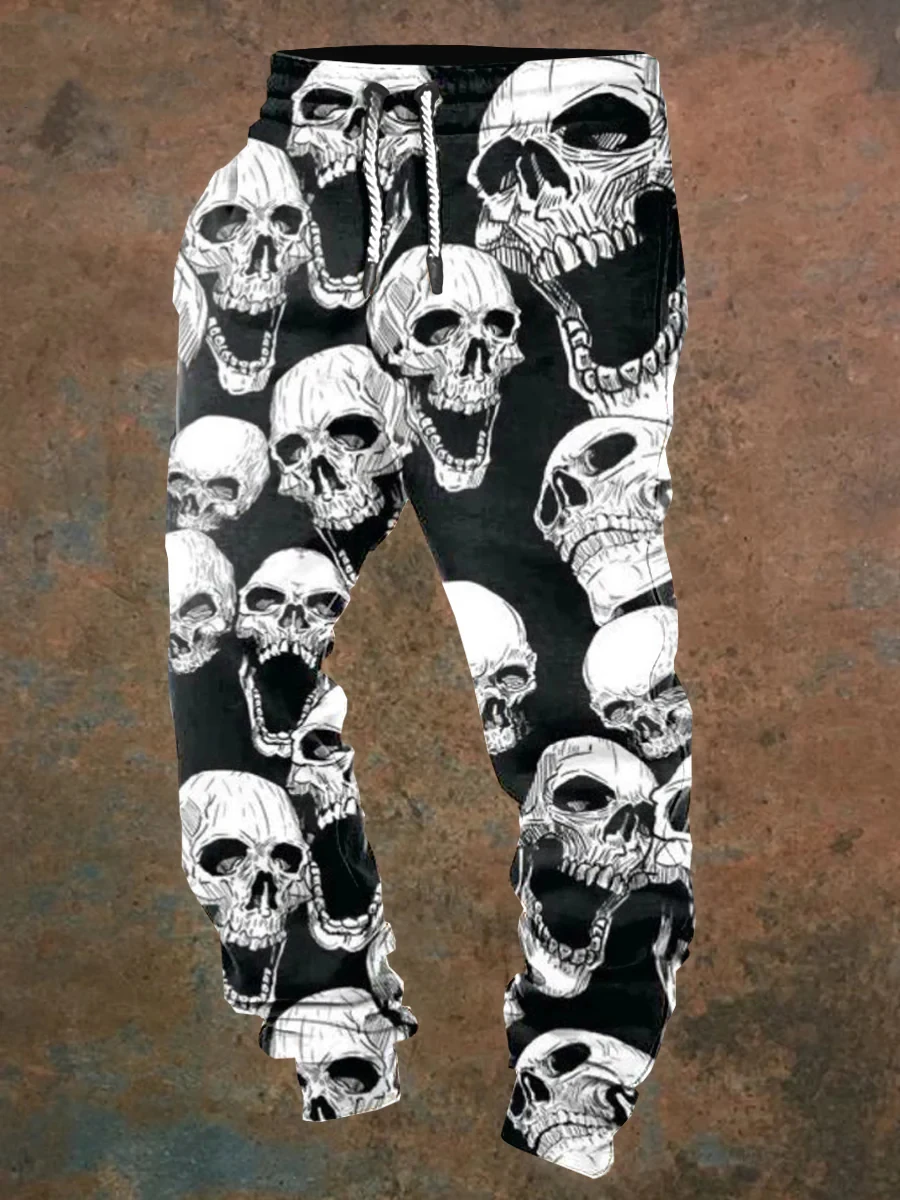 Pantalones jogging informales para hombre con cordones y estampado de calaveras de Halloween, adecuados para uso al aire libre, moda de otoño e invierno.