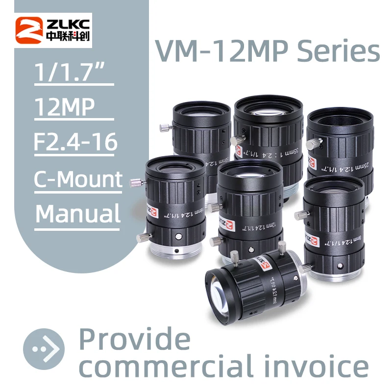 Lentes Industriales ZLKC de 1/1.7 Pulgadas FA 4mm 6mm 12mm 16mm 25mm 35mm 50mm 75mm de Enfoque Fijo con Montura C para Cámaras de Alta Resolución de 12MP