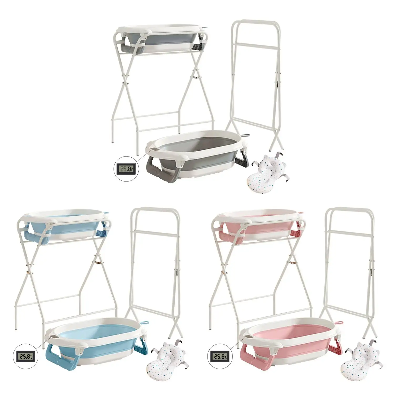 Bañera plegable 3 en 1 para bebés con soporte, multiusos, para recién nacidos hasta niños pequeños, con termómetro, almohada de baño, para viajes/exterior