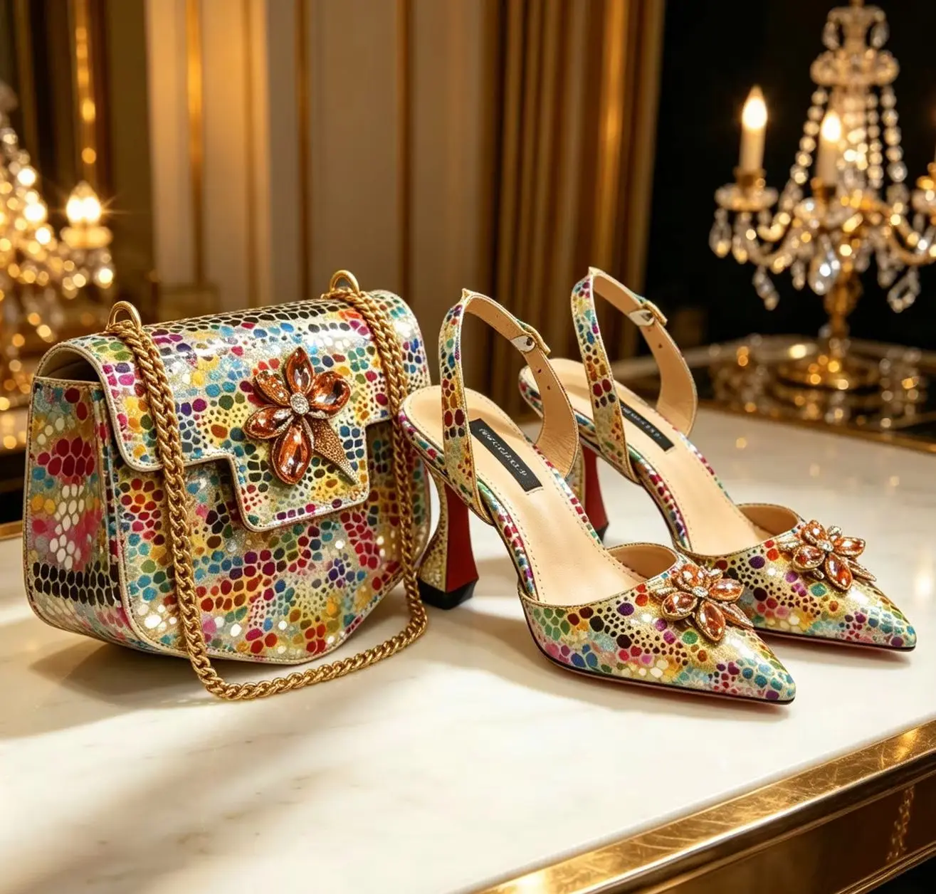 Conjunto de Tacones Elegantes con Pedrería y Bolso a Juego Venus Chan, Tacones de Bloque con Punta en Pico y Estampado Colorido para Banquetes y Salidas Nocturnas