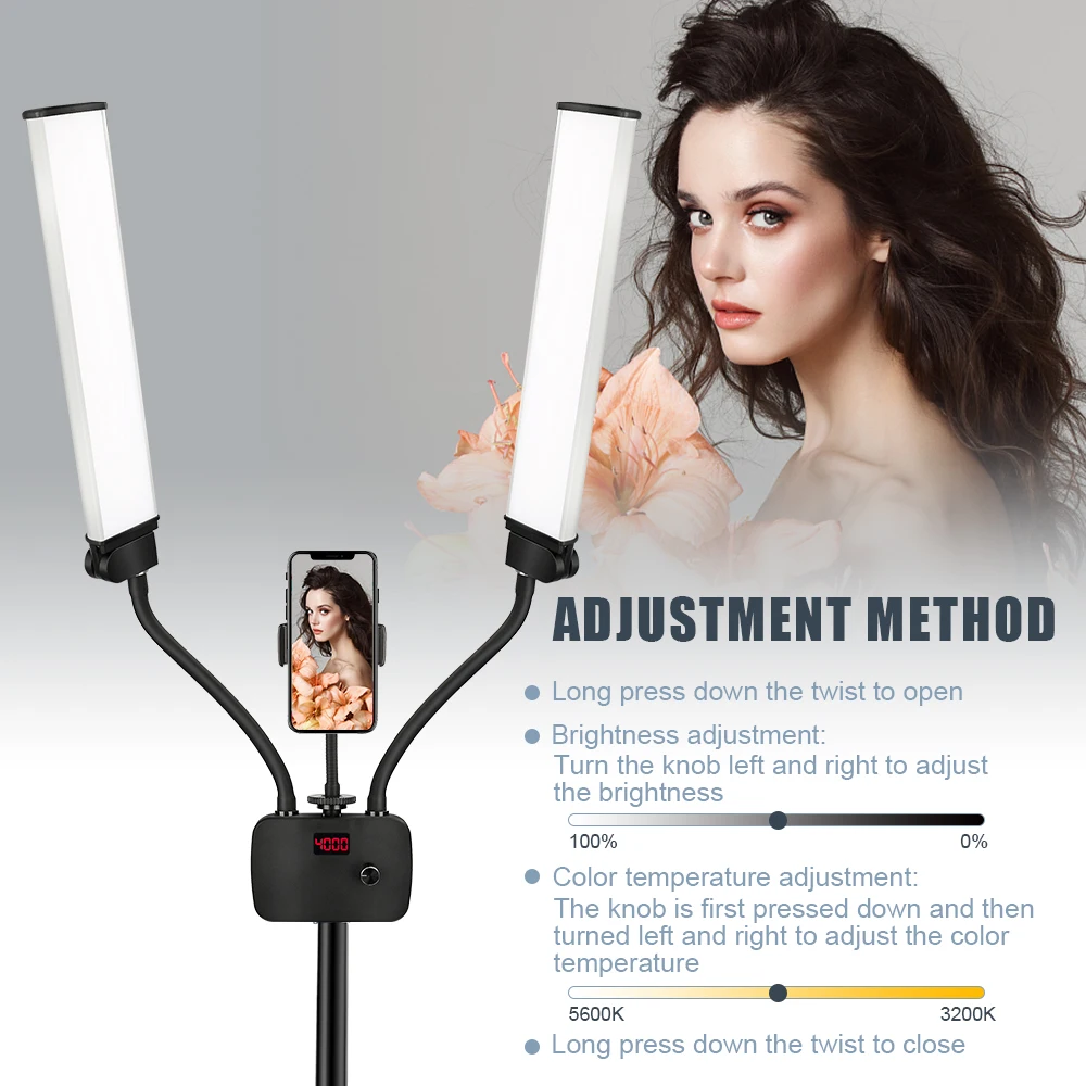 Luz de relleno LED de doble brazo para estudio fotográfico, tiras largas, lámpara de anillo LED con trípode, pantalla LCD, iluminación para selfies fotográfica de 3200-5600K