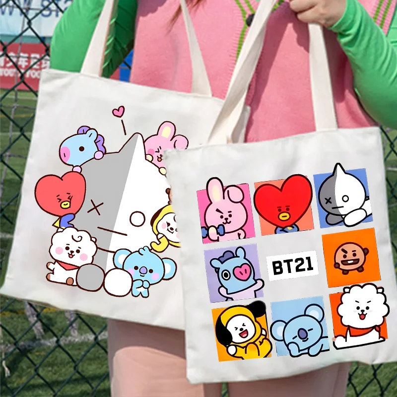 Bolsa de Lona BT21 COOKY TATA, Mochila Kawaii de Dibujos Animados para Uso Diario, Bolsa de Compras Ligera, Bolsos de Hombro Casuales Populares para Hombre y Mujer, Regalo