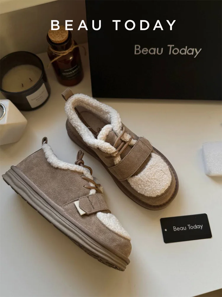 BEAUTODAY, zapatos peludos para mujer, zapatos planos de cuero vacuno con punta redonda, gancho y bucle con cordones, mocasines de invierno para mujer hechos a mano A27843