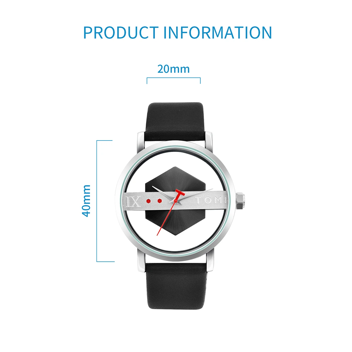 TOMI Correa de reloj de cuero para hombre, elegante y minimalista, perspectiva hueca personalizada, cubierta inferior de cristal, reloj de cuarzo
