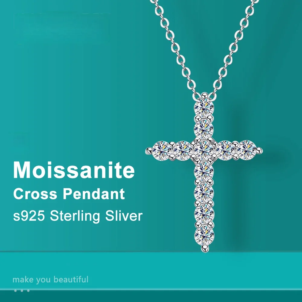 Colgante de cruz de moissanita completo, cadena Original de plata Sterg chapada en oro blanco, collar fino para joyería de mujer
