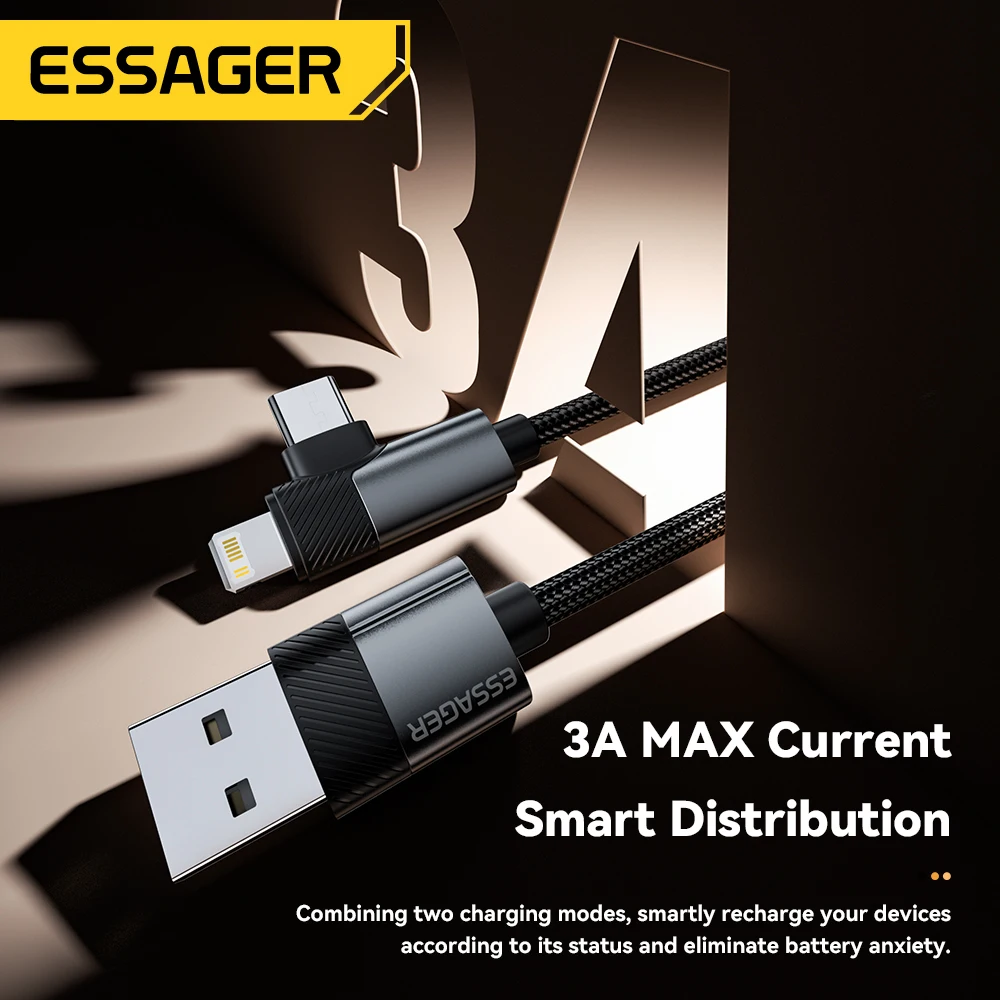 Essager-Cable de ángulo recto 2 en 1, USB A a iluminación Typec, Cable de datos de codo de carga rápida 3A para iPhone 16, 15, 14, Samsung, iPad Pro