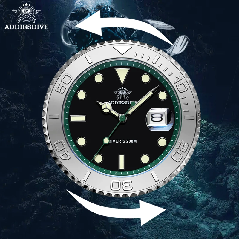 Reloj de buceo ADDIESDIVE para hombre, resistente al agua hasta 200m, BGW9, bisel de cerámica superluminoso, elegante reloj de cuarzo de acero inoxidable para hombre