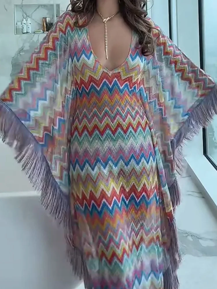 Vestido Maxi de Mujer con Borlas y Parches, Estilo Bohemio, Holgado, con Mangas Murciélago, Elegante, para Primavera/Verano, Moda Urbana, para Fiestas