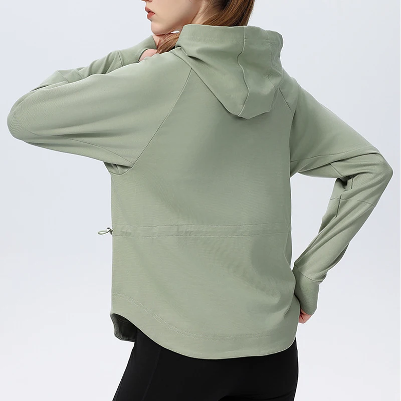 Sudadera de manga larga para mujer, Sudadera con capucha holgada y transpirable de Color sólido, Top para correr al aire libre, ropa de entrenamiento femenina, ropa deportiva