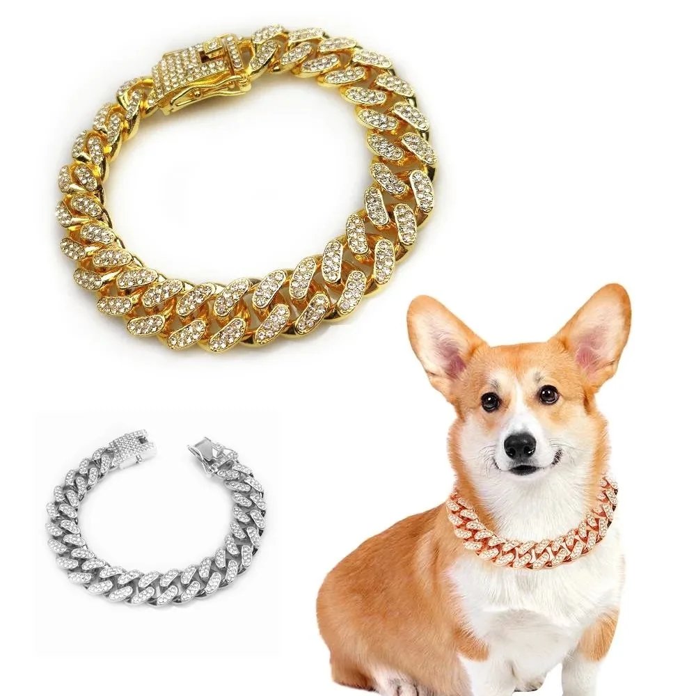 Collar de cadena para perro con diamantes de imitación, Collar de cadena de Metal de lujo de acero inoxidable, Collar de cadena para cachorro y gato, joyería para perro