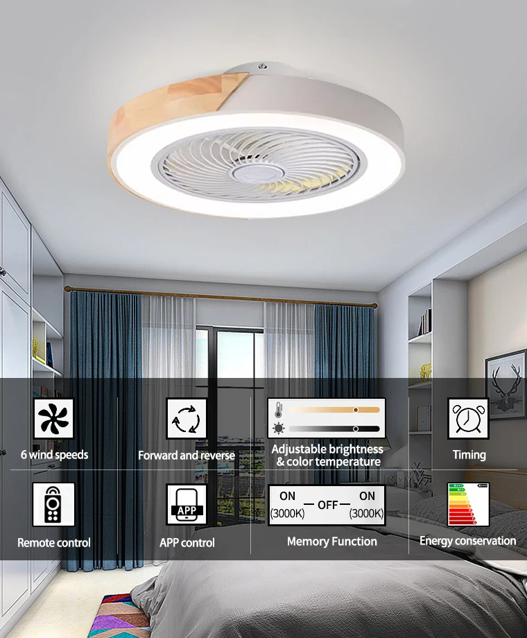 Ventiladores de techo inteligentes con luz para sala de estar, comedor, aspas reversibles, 6 velocidades, 52CM, iluminación de ventiladores de 110V/220V