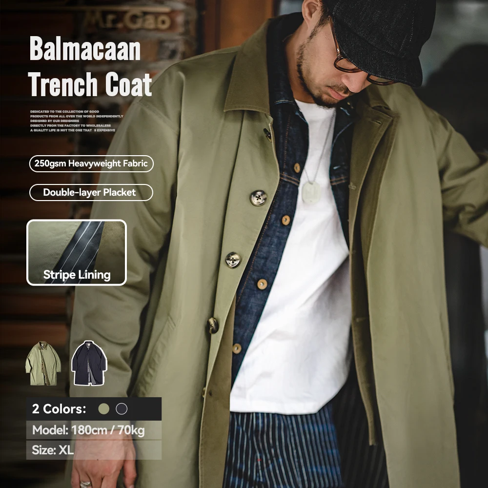 Maden Casual Balmacaan Trench Coat Loose Fit Verde Cortavientos Heavyweight Twill Vintage Chaquetas Largas para Hombres Otoño e Invierno