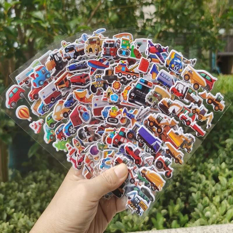 10 hojas de pegatinas hinchadas 3D para niños, pegatinas de excavadora de vehículos de ingeniería, pegatinas de coches de dibujos animados, juguetes para niños, regalo para niños