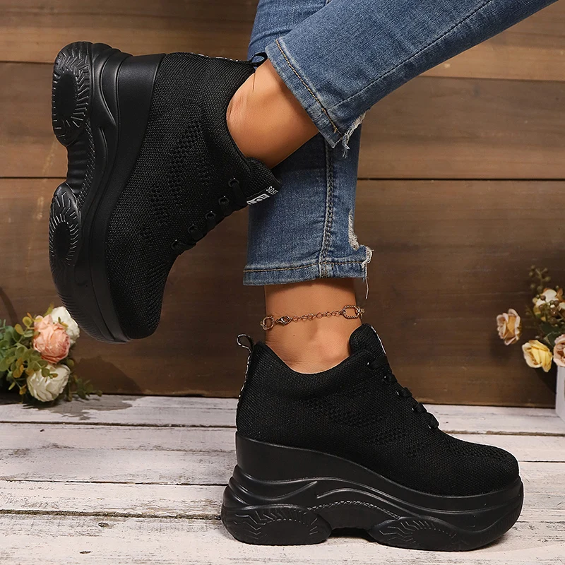 Zapatillas de deporte con cuña de malla transpirable para mujer, zapatos deportivos cómodos con cordones y plataforma gruesa, zapatos antideslizantes de punto para caminar