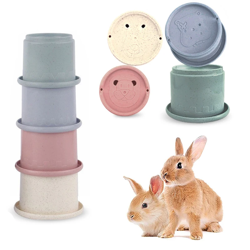 Juguete de tazas apilables para conejos, rompecabezas de animales pequeños reutilizables multicolores para esconder comida, juguetes para mascotas