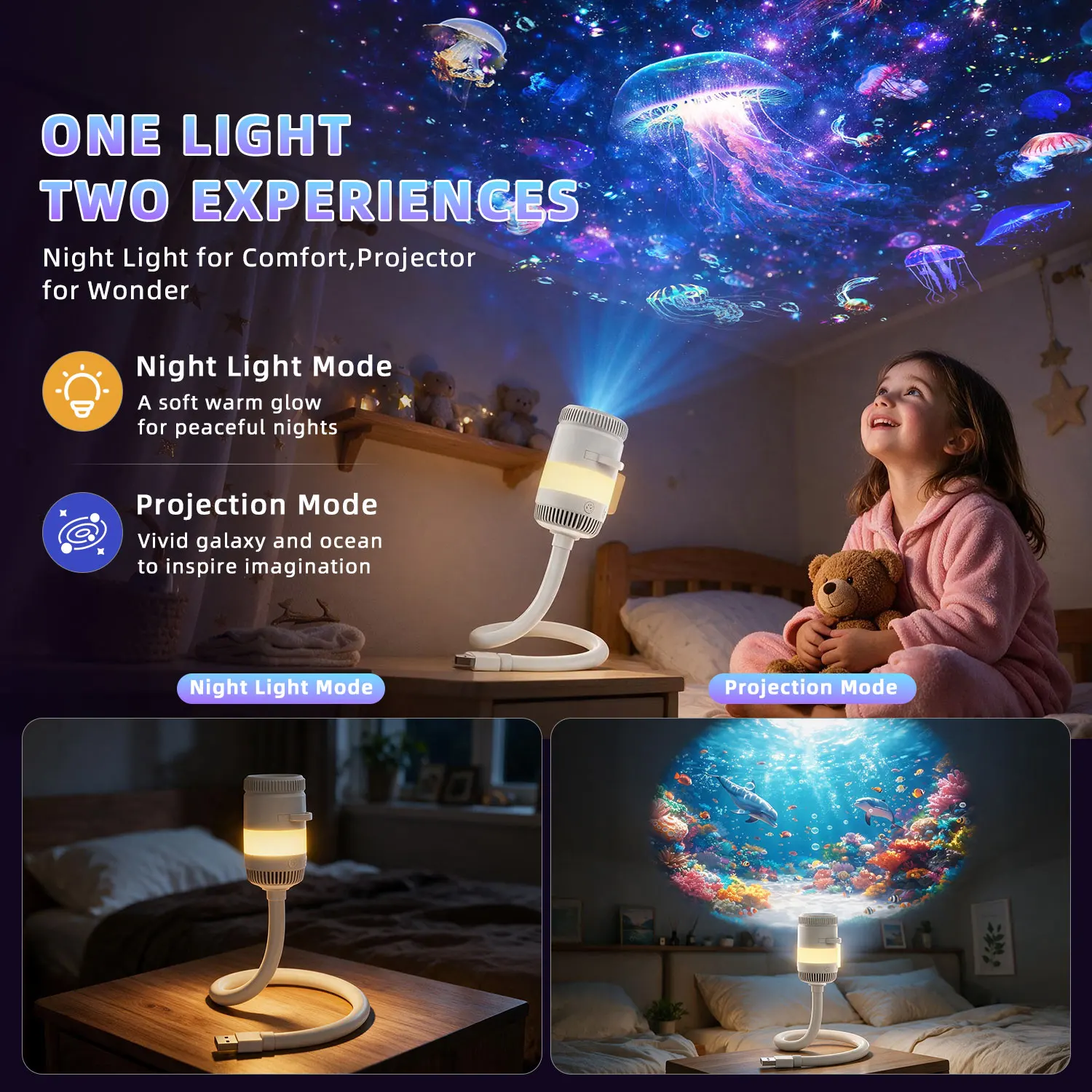 Proyector de Estrellas Galácticas Ausyle, Lámpara Nocturna LED USB con Diseño de Medusa, Cielo Estrellado y Universo, Decoración de Ambiente para Hogar, Dormitorio y Habitación