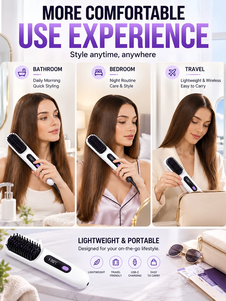 Cepillo Alisador de Cabello Inalámbrico, Peine Alisador Eléctrico Recargable, 4 Niveles de Temperatura, Pantalla Digital, Estilizador de Cabello Portátil