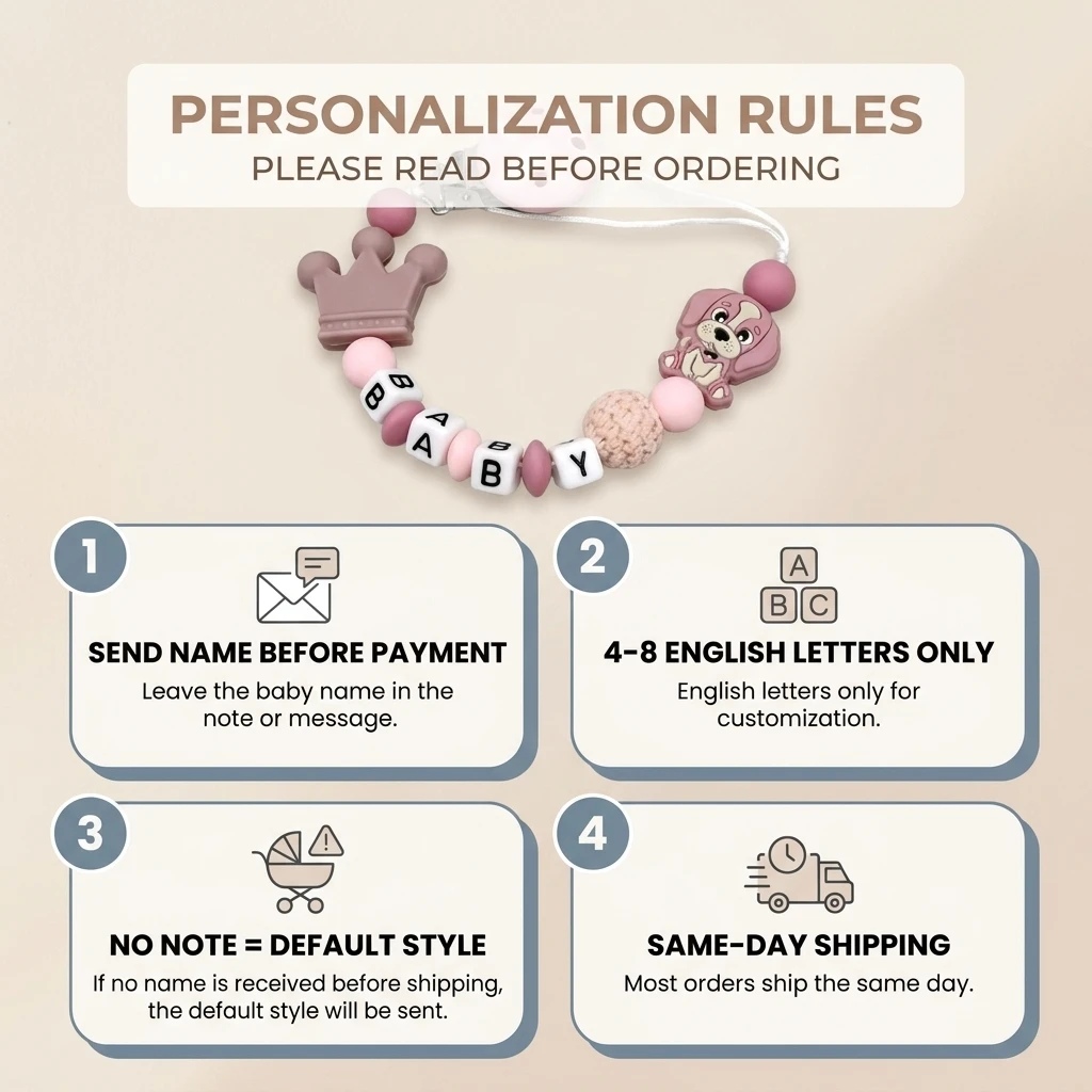 Clip para chupete personalizado con nombre, corona, perro cachorro, soporte para mordedor de bebé, silicona de grado alimenticio, cuentas de ganchillo, sin BPA, regalo para niña