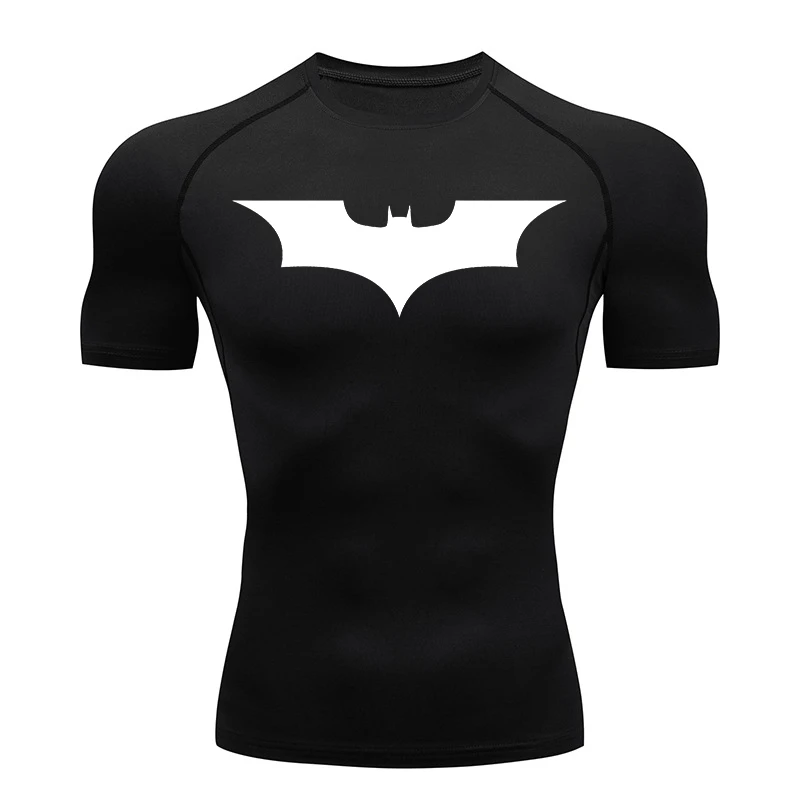 Camisas de compresión con estampado de murciélago para hombre, camiseta de verano de manga corta con protección contra sarpullidos, gimnasio, entrenamiento, correr, camisetas atléticas de secado rápido