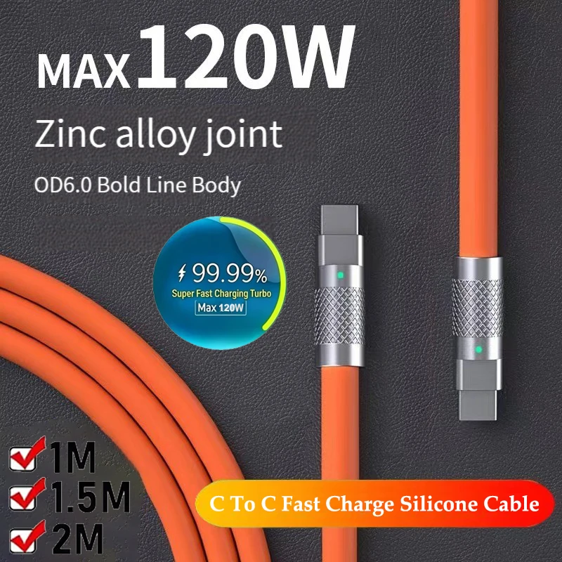 Cable de Carga Súper Rápida de 10A 120W, Tipo C, Silicona Líquida, 1/1.5/2M, Cable de Carga Rápida C a C para Xiaomi iPhone