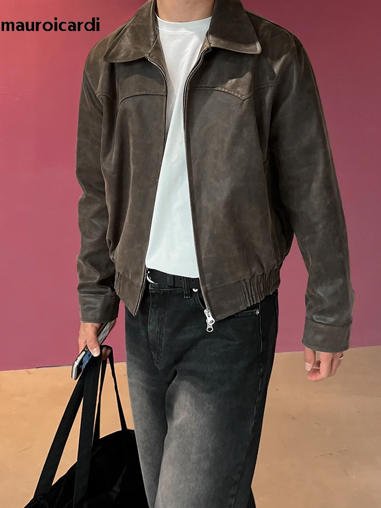 Mauroicardi-chaqueta de cuero Pu marrón desgastado para hombre, chaqueta ligera con cremallera, ropa informal de moda coreana, primavera y otoño