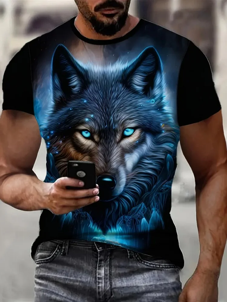 Camiseta con estampado gráfico de lobo de fuego en 3D para hombre, camiseta informal de gran tamaño para verano, ropa de manga corta para Fitness a la moda para hombre