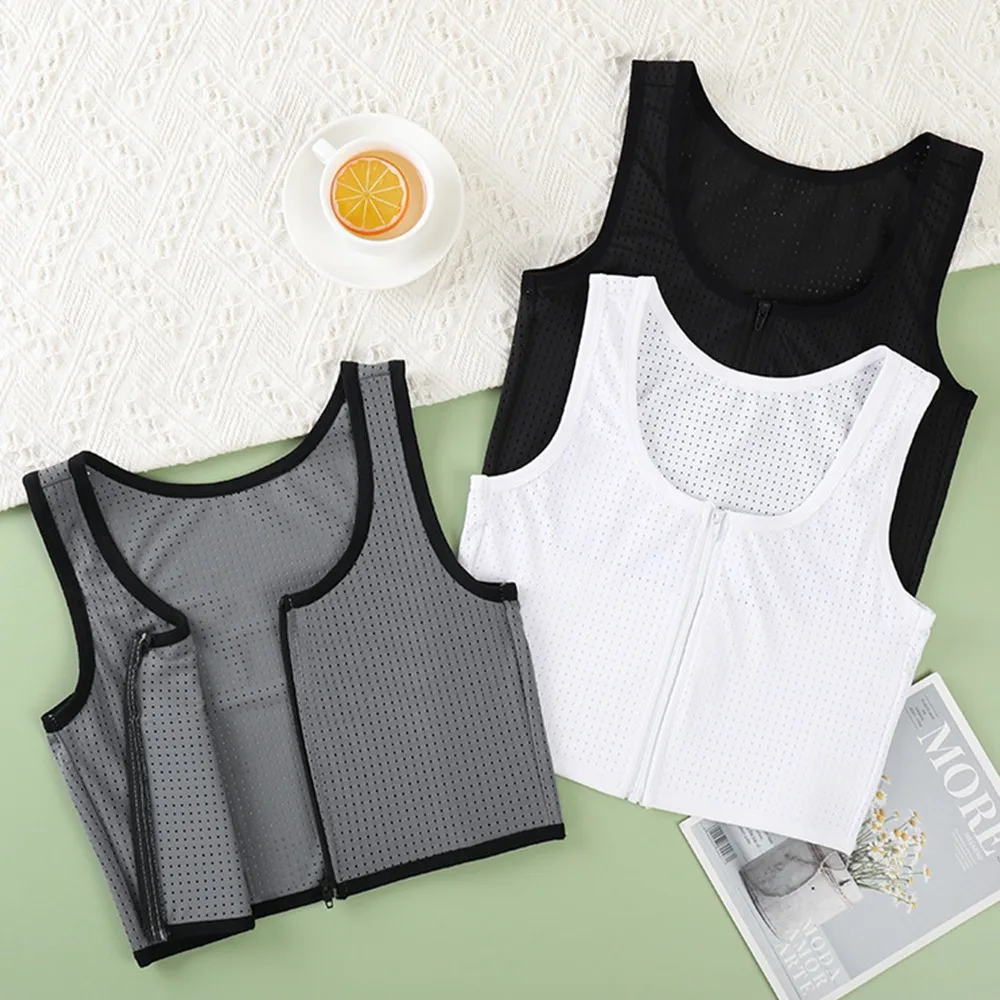 Sujetador deportivo de malla con cremallera para mujer, corsé elástico transpirable, chaleco plano, ajustado, a la moda