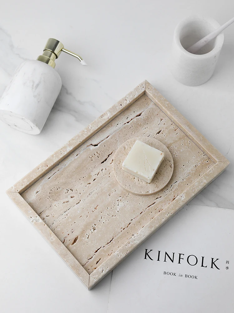 Bandeja de mármol minimalista para velas de Perfume, joyería, bandeja de tocador de piedra de travertino para tocador, encimera, mesa de centro, servicio