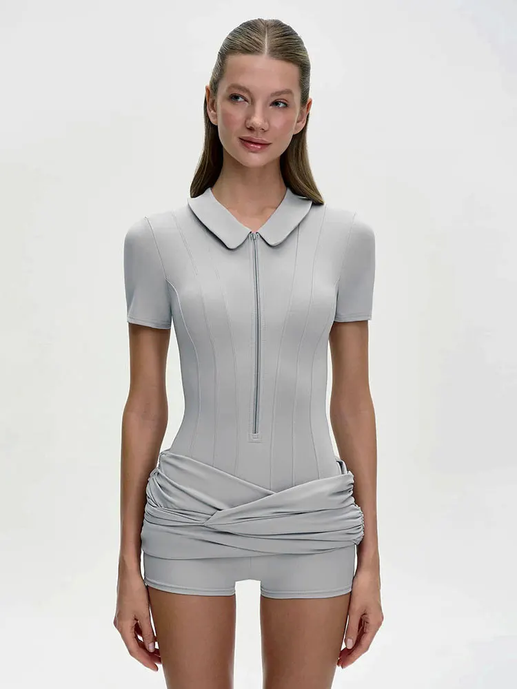GACVGA Mono deportivo de manga corta con cremallera para mujer, mono informal de verano con volantes, ajustado, para Fitness, para mujer