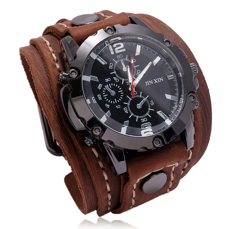 Relojes de cuarzo para hombre, reloj de pulsera de lujo 2024, correa de reloj de piel de vaca, reloj de estilo Punk para hombre, pulseras anchas de cuero genuino, joyería