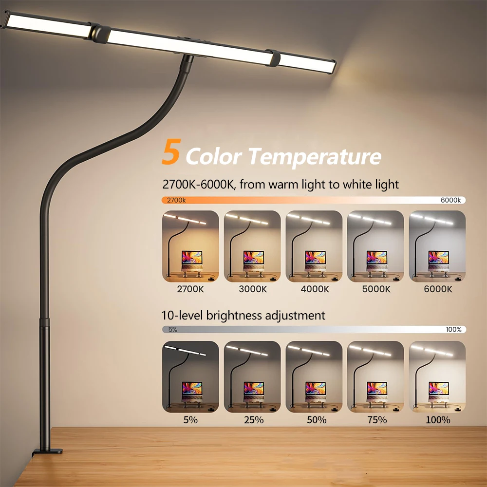 Lámpara de Escritorio LED con Clip Metálico para el Cuidado de la Vista, 3 Colores Ajustables, 10 Niveles de Brillo, Cabezal Giratorio Flexible para Lectura en Casa, Juegos de PC