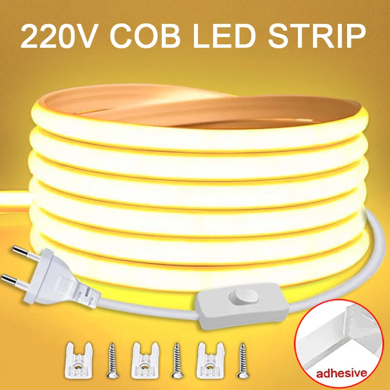 Tira de luces Led de 220V con interruptor de encendido/apagado tira de LED COB impermeable cinta Flexible de 220V para habitación dormitorio cocina iluminación de jardín al aire libre