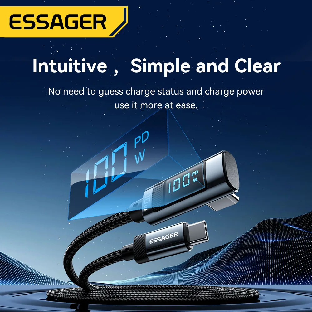 Essager PD100W Cable USB C a tipo C Cable de carga rápida codo de 90 grados con pantalla para Iphone 15 Huawei Samsung Macbook Pro
