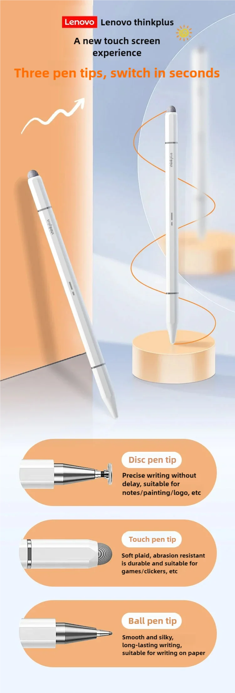 Lenovo Stylus Three Pen, Lápiz Táctil con Tres Puntas para Pantallas Táctiles de Android, iOS, Tabletas y Teléfonos, iPad Universal, No Necesita Carga