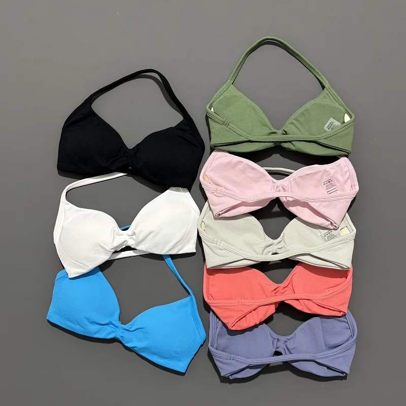 Sujetador deportivo con tiras y espalda descubierta para Yoga, sujetador de gimnasio, Push-up, copas extraíbles, ropa de entrenamiento para mujer, Top de gimnasio, sujetadores deportivos con cuello Halter