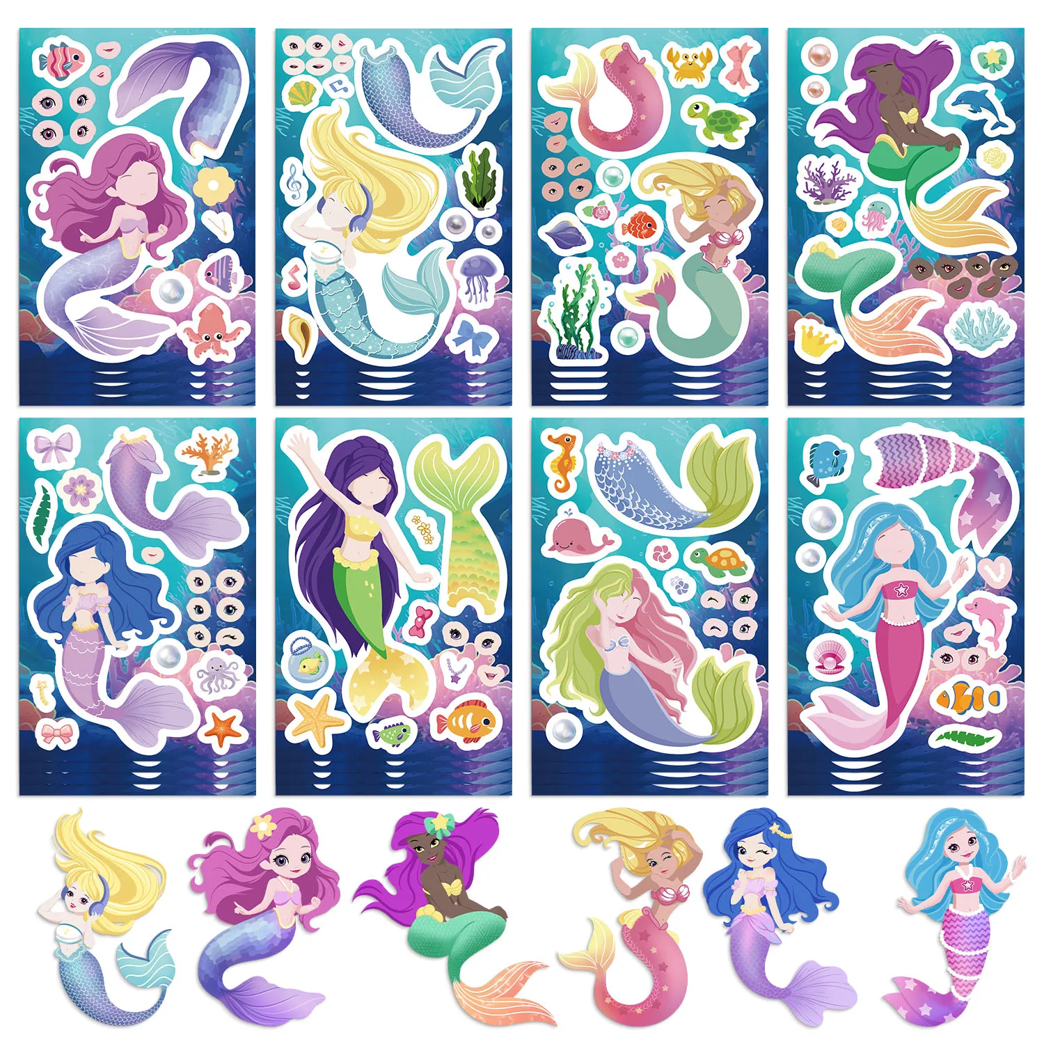 8/16/24 Uds. Pegatinas de rompecabezas de princesa sirena bonita para hacer una cara juguetes DIY para niños pegatinas de ensamblaje regalos de recuerdo de fiesta