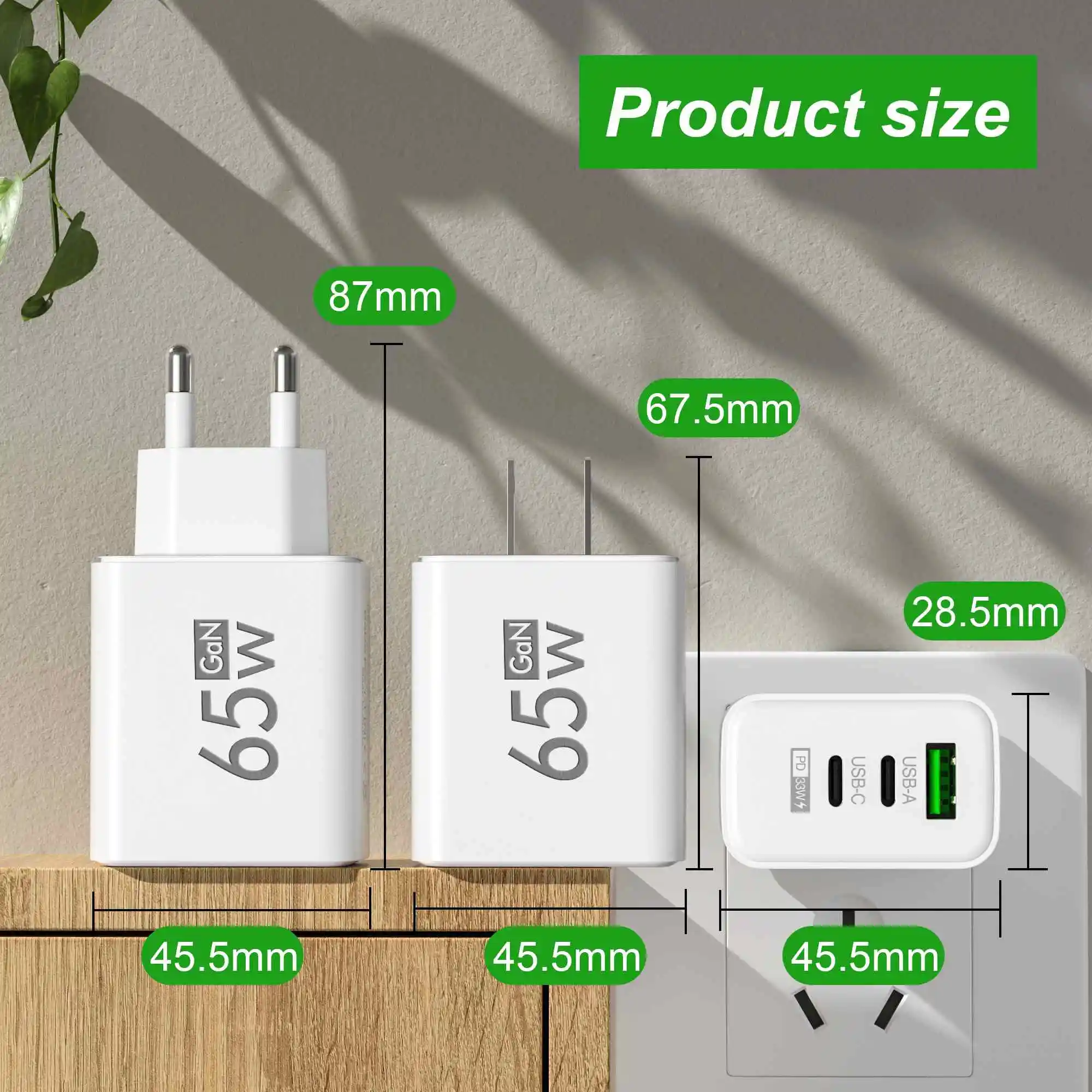 GaN 65W USB C cargador de pared teléfono móvil PD tipo C cargador rápido adaptador de corriente para Samsung Xiaomi iPhone cargador de carga rápida